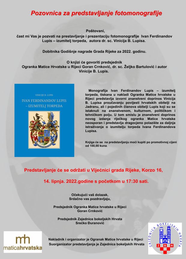 Predstavljanje monografije dr. sc. Vinicija B. Lupisa &#8220;Ivan Ferdinandov Lupis – izumitelj torpeda&#8221;; Rijeka, 14. 6. 2022.