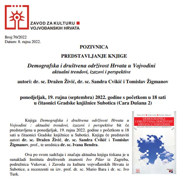 Predstavljanje knjige &#8220;Demografska i društvena održivost Hrvata u Vojvodini&#8221; u Subotici, 19. 9. 2022.