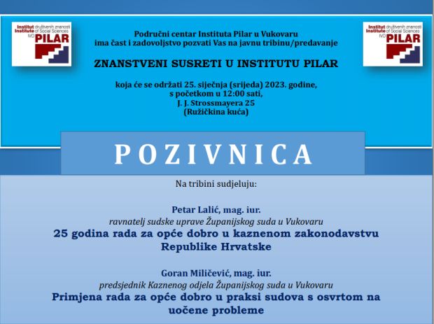Znanstveni susreti u Institutu Pilar na temu rada za opće dobro; Vukovar, 25. 1. 2023.