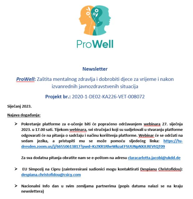 Aktivnosti na projektu ProWell „Zaštita mentalnog zdravlja i dobrobiti djece za vrijeme i nakon izvanrednih javnozdravstvenih situacija“
