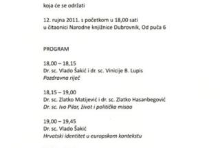 Tribina u Dubrovniku: Život i misao I. Pilara; Hrvatski identitet u europskom kontekstu